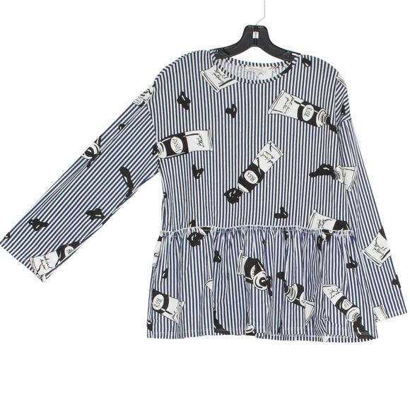 Zara Top Boho Artsy Eclectic Whimsical Paint Tube Print Peplum Stripe Blue Small - Picture 5 of 5